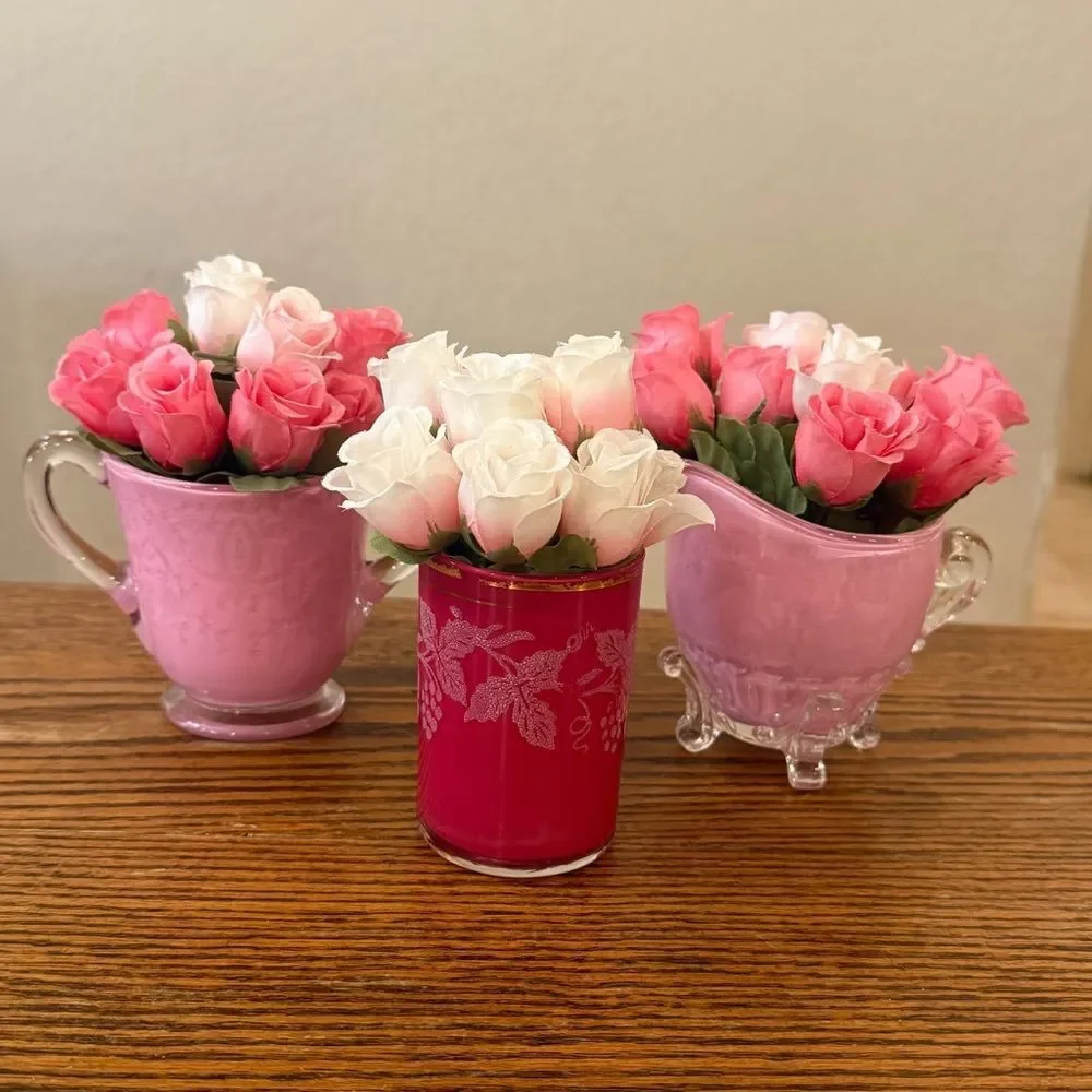 Vintage Pink Floral Bud Vase Set Hand Painted Cottagecore Shabby Chic 3 Pieces